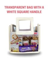 transparent bag with a white square handle