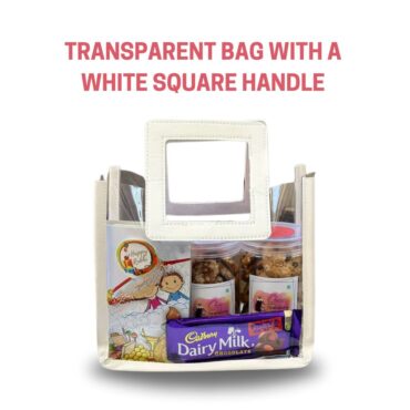 transparent bag with a white square handle