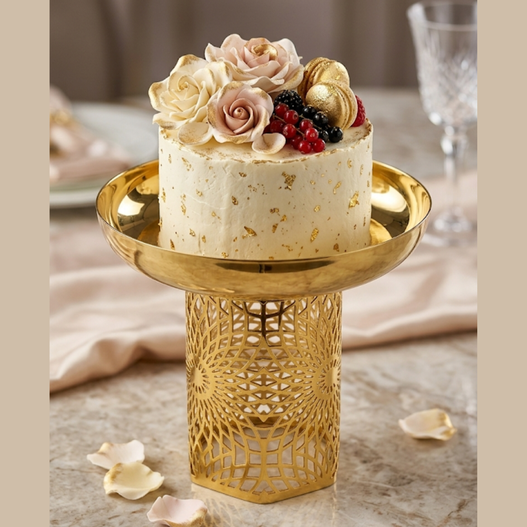 Traditional Arabic Inspired Round Shape Golden Metal Cake stand - Small (Dia:8inch) | Serving Stand