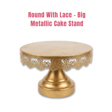Gold Round Metallic Cake Stand with Decorative Lace Edge – Big (Dia: 12 inch) | Dessert Serving & Display Stand