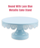 Blue Round Metallic Cake Stand with Decorative Lace Edge | Dessert Serving & Display Stand