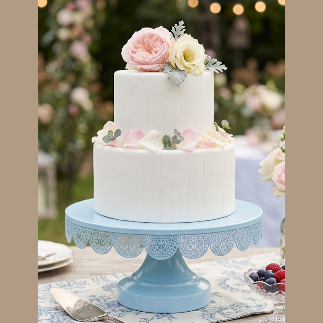Blue Round Metallic Cake Stand with Decorative Lace Edge | Dessert Serving & Display Stand