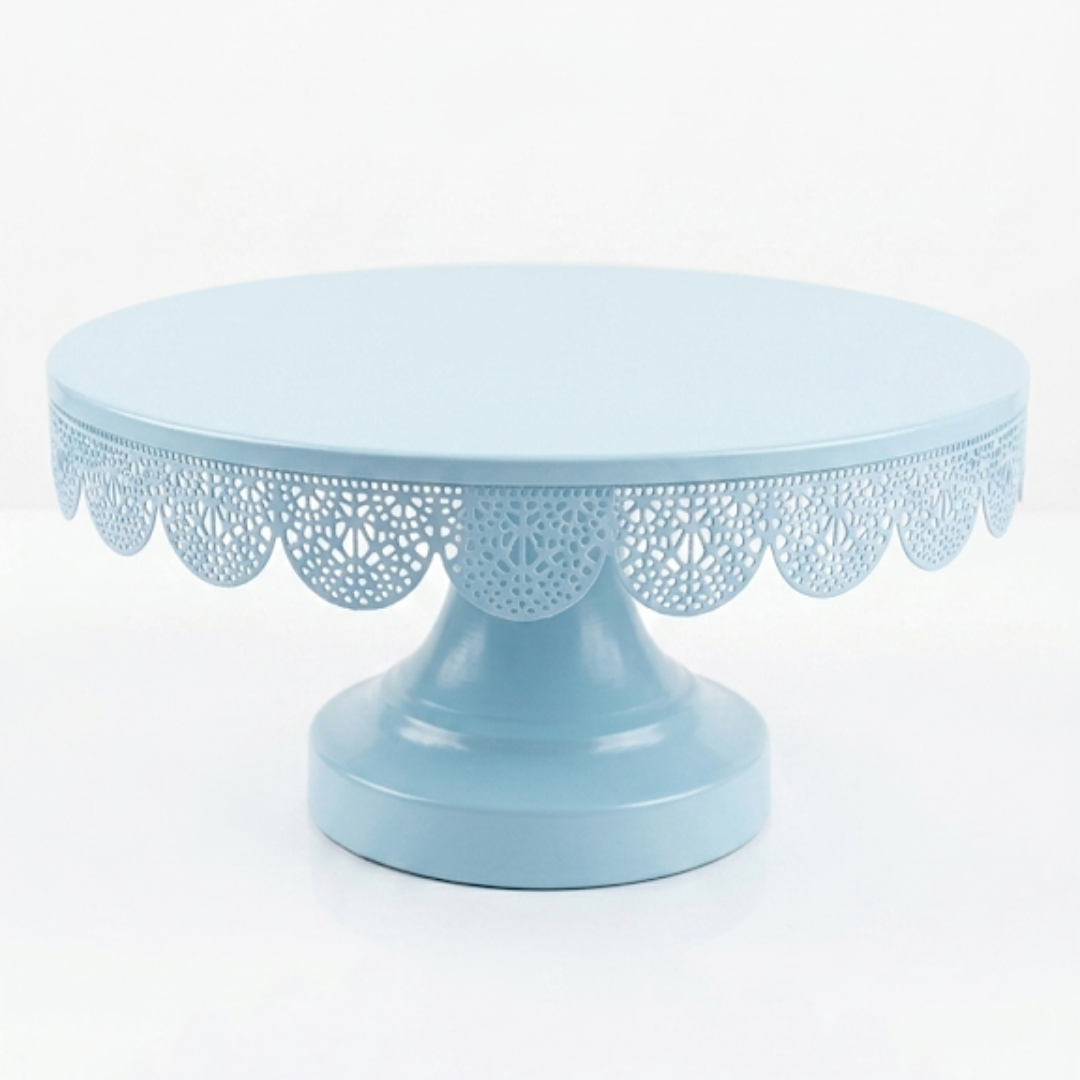 Blue Round Metallic Cake Stand with Decorative Lace Edge | Dessert Serving & Display Stand