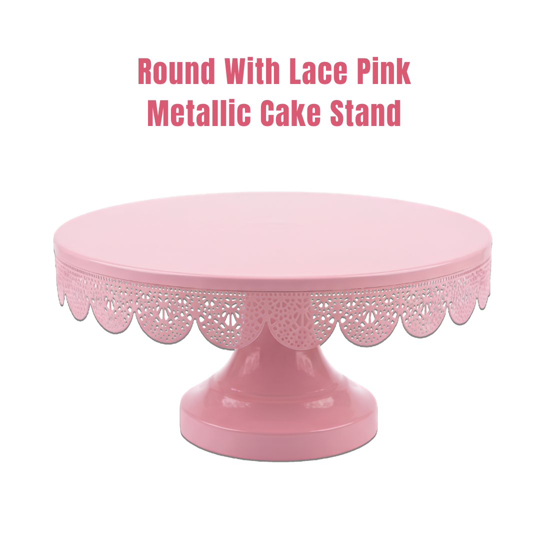 Pink Round Metallic Cake Stand with Decorative Lace Edge | Dessert Serving & Display Stand
