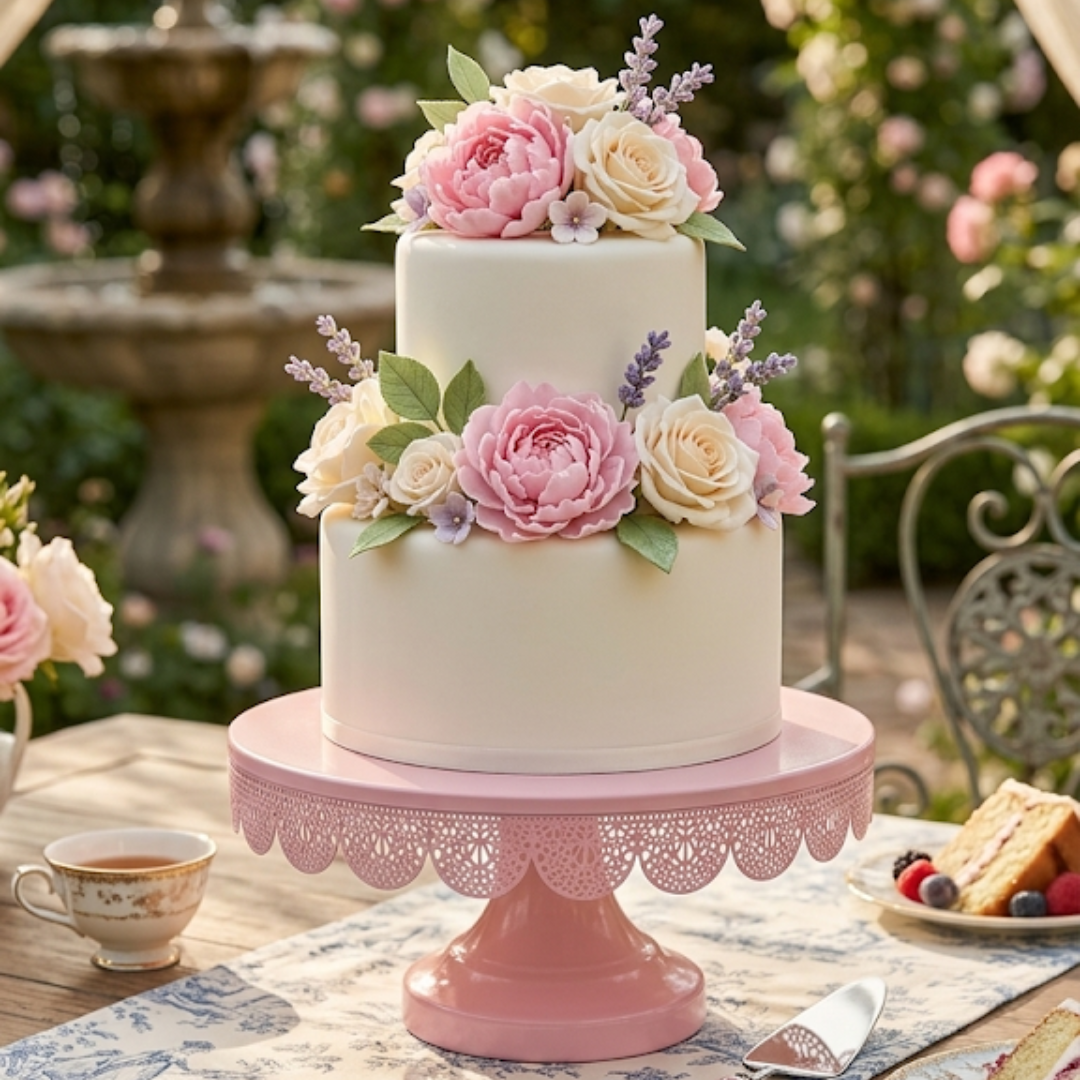 Pink Round Metallic Cake Stand with Decorative Lace Edge | Dessert Serving & Display Stand