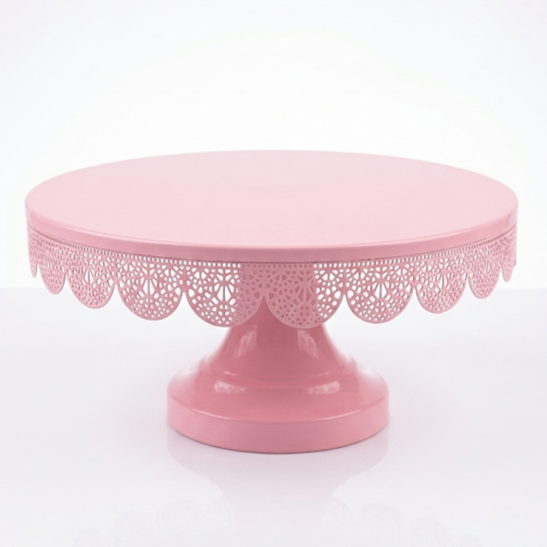 Pink Round Metallic Cake Stand with Decorative Lace Edge | Dessert Serving & Display Stand