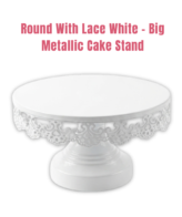 White Round Metallic Cake Stand with Decorative Lace Edge – Big (Dia: 12 inch) | Dessert Serving & Display Stand