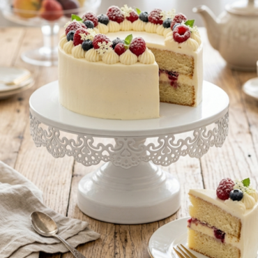 White Round Metallic Cake Stand with Decorative Lace Edge – Small (Dia: 8 inch) | Dessert Serving & Display Stand