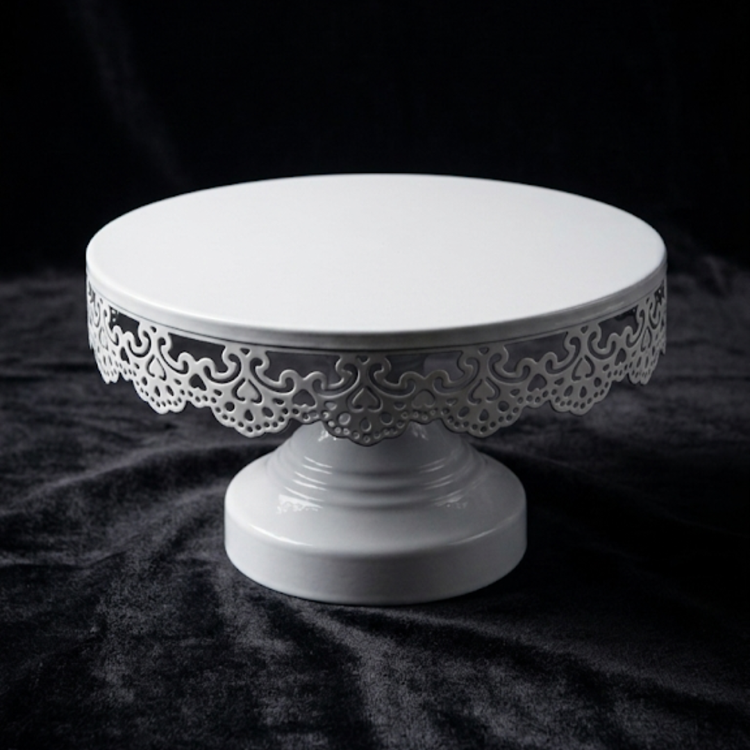 White Round Metallic Cake Stand with Decorative Lace Edge – Small (Dia: 8 inch) | Dessert Serving & Display Stand