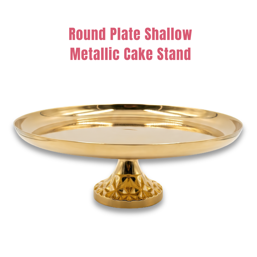 Modern Golden Shallow Round Plate Metallic Cake Stand – Big | Display Stand For Weddings, Birthday & Parties