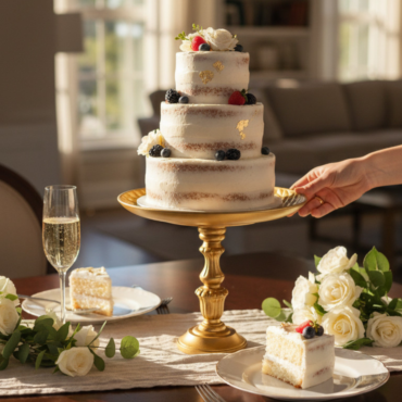 CAKE DECOR™ Premium Diamond Textured Golden Wooden Pedestal Cake Stand | Dessert & Cupcake Display Tray | 1 Piece