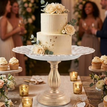 Floral Scalloped Wooden Cake Stand with Peach Pedestal Base | Dessert & Cupcake Display Tray | 1 Piece