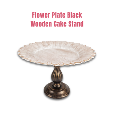 CAKE DECOR™ Floral Scalloped Wooden Cake Stand with Black Pedestal Base | Dessert & Cupcake Display Tray | 1 Piece