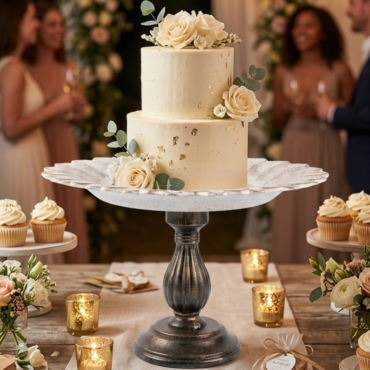 CAKE DECOR™ Floral Scalloped Wooden Cake Stand with Black Pedestal Base | Dessert & Cupcake Display Tray | 1 Piece