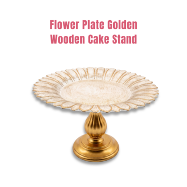 CAKE DECOR™ Floral Scalloped Wooden Cake Stand with Golden Pedestal Base | Dessert & Cupcake Display Tray | 1 Piece