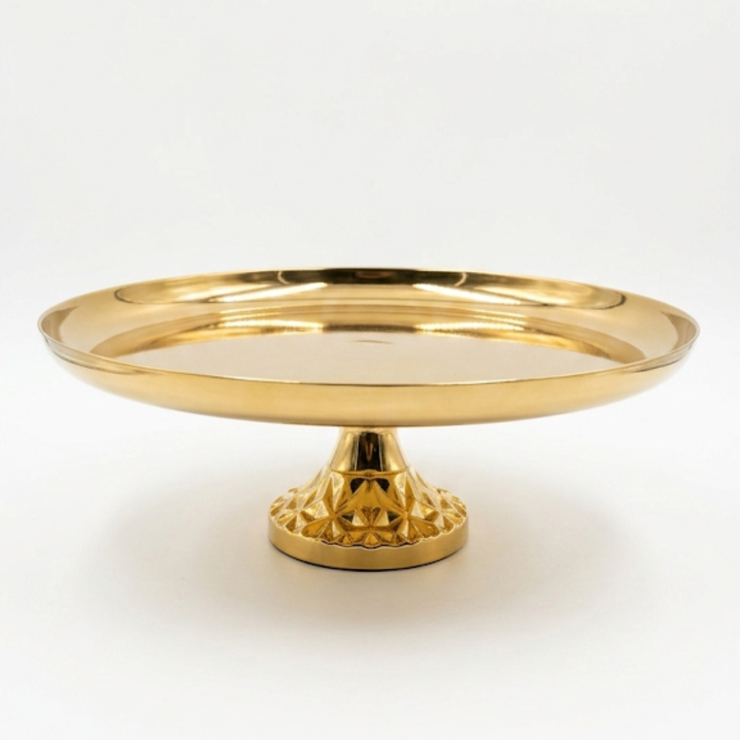 Modern Golden Shallow Round Plate Metallic Cake Stand – Big | Display Stand For Weddings, Birthday & Parties