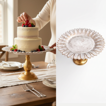 CAKE DECOR™ Floral Scalloped Wooden Cake Stand with Golden Pedestal Base | Dessert & Cupcake Display Tray | 1 Piece