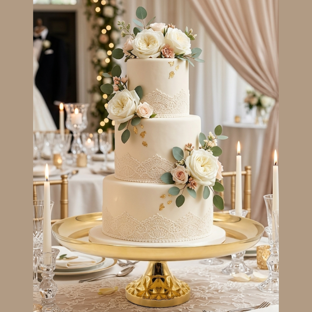 Modern Golden Shallow Round Plate Metallic Cake Stand – Big | Display Stand For Weddings, Birthday & Parties