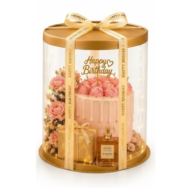 Transparent Round Pinata Cake Box With Gold Base Lid (14x14x14 Inch) | Pull Me Up Cake Box | Hamper Gift Box | Clear Packaging For Tall Cakes (SBBXT-505-18) - CAKE DECOR™