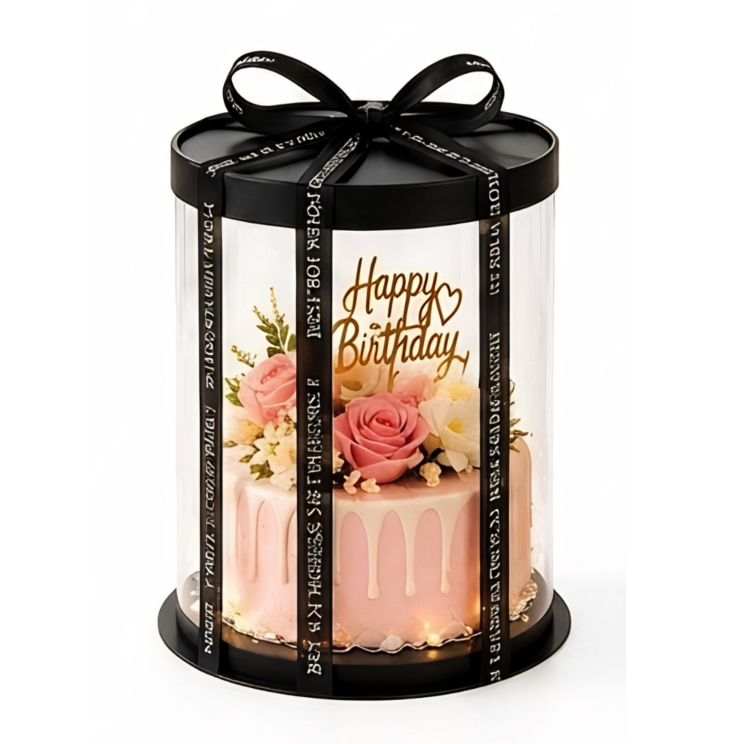 -35%New Transparent Round Pinata Cake Box With Black Base Lid (10x10x12 Inch) | Pull Me Up Cake Box | Hamper Gift Box | Clear Packaging For Tall Cakes (SBBXT-505-11) - CAKE DECOR™