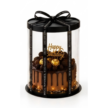 Transparent Round Pinata Cake Box With Black Base Lid (12x12x14 Inch) | Pull Me Up Cake Box | Hamper Gift Box | Clear Packaging For Tall Cakes (SBBXT-505-14) - CAKE DECOR™