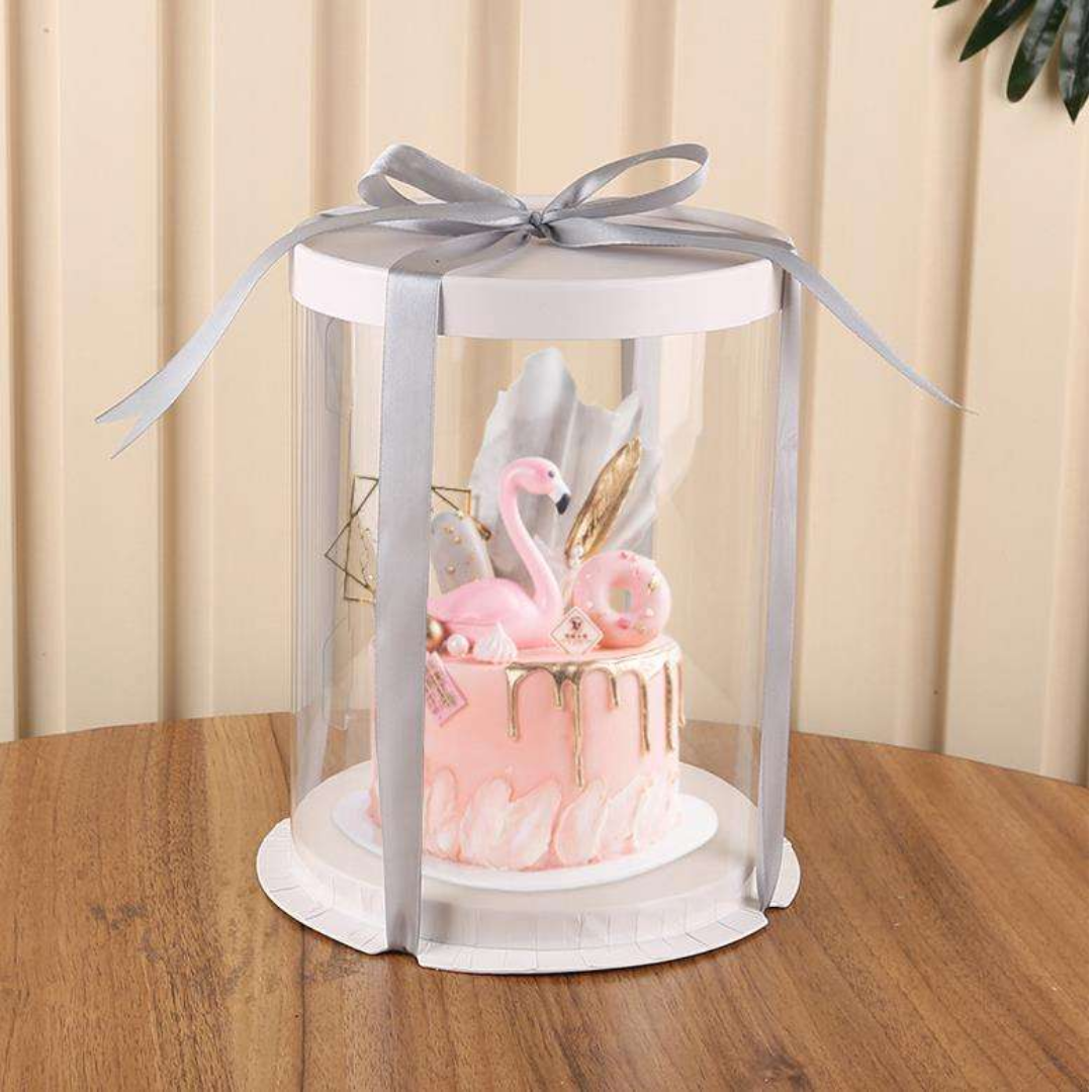 Transparent Round Pinata Cake Box With White Base Lid (10x10x12 Inch) | Pull Me Up Cake Box | Hamper Gift Box | Clear Packaging For Tall Cakes (SBBXT-505-10) - CAKE DECOR™