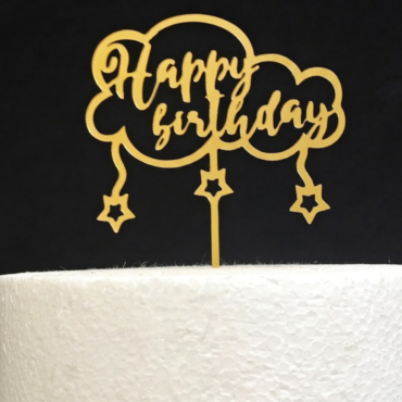 Gold Acrylic Finishing Cake Topper Happy Birthday With Clouds and Stars Cake Topper - Cake Decor