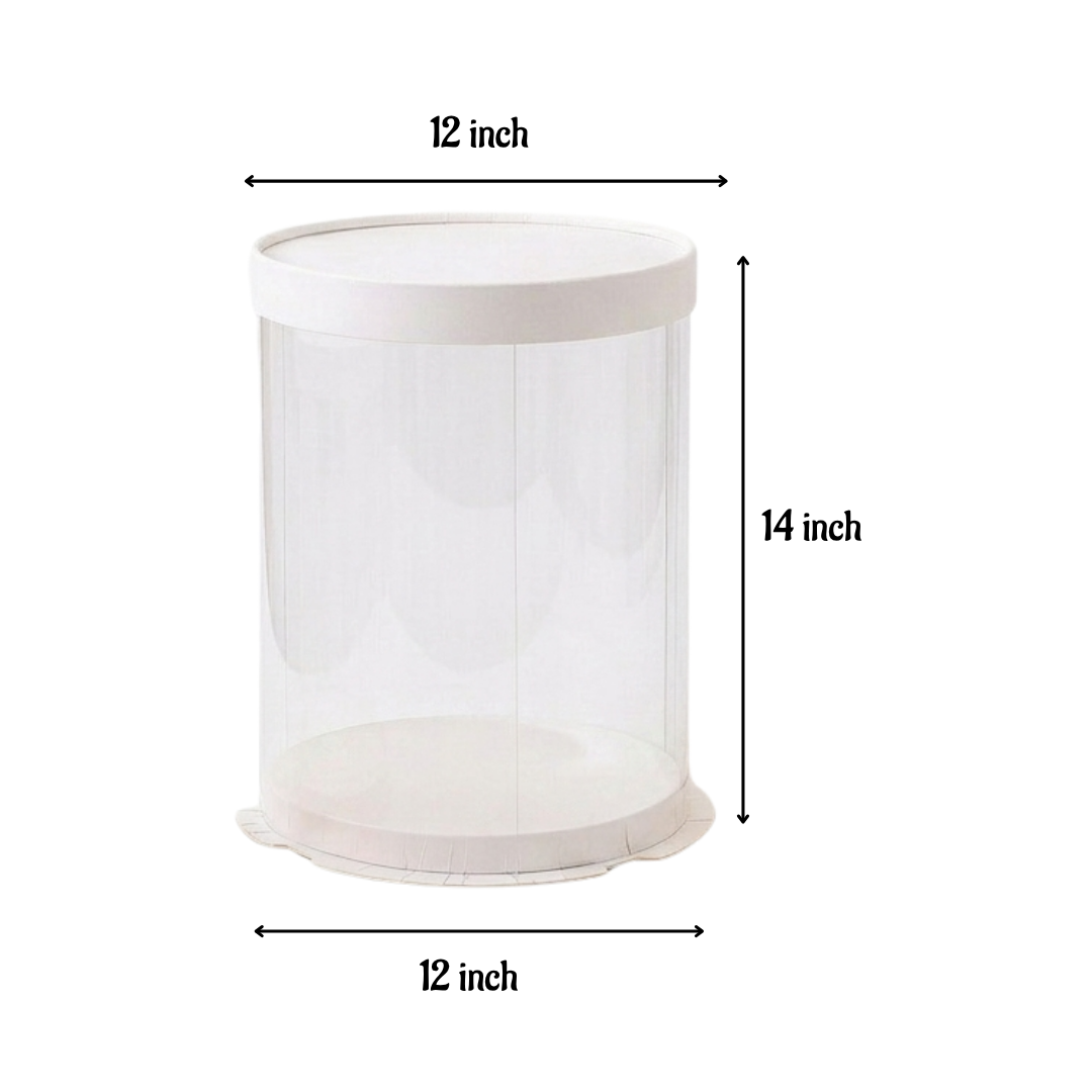 Transparent Round Pinata Cake Box With White Base Lid (12x12x14 Inch) | Pull Me Up Cake Box | Hamper Gift Box | Clear Packaging For Tall Cakes (SBBXT-505-13) - CAKE DECOR™