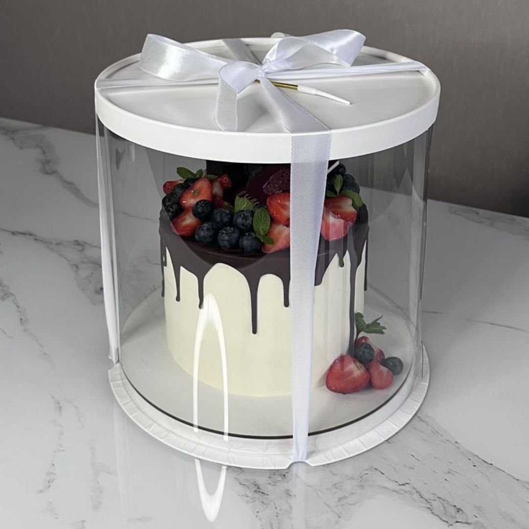 Transparent Round Pinata Cake Box With White Base Lid (14x14x14 Inch) | Pull Me Up Cake Box | Hamper Gift Box | Clear Packaging For Tall Cakes (SBBXT-505-16) - CAKE DECOR™