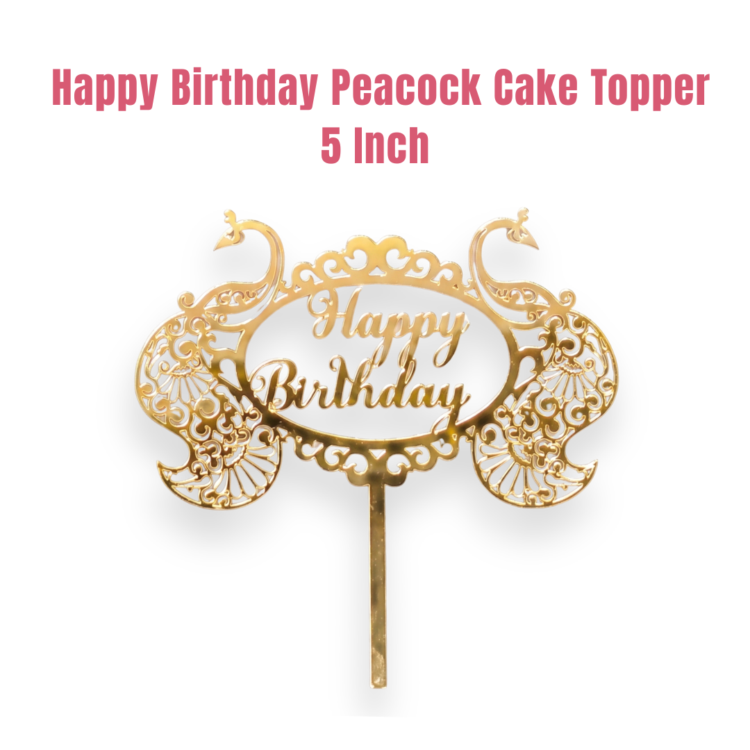 5 inch Golden Acrylic Happy Birthday With Peacock Design Cut-Out Cake Topper Cake Decoration Dessert Decoration - CAKE DECOR™