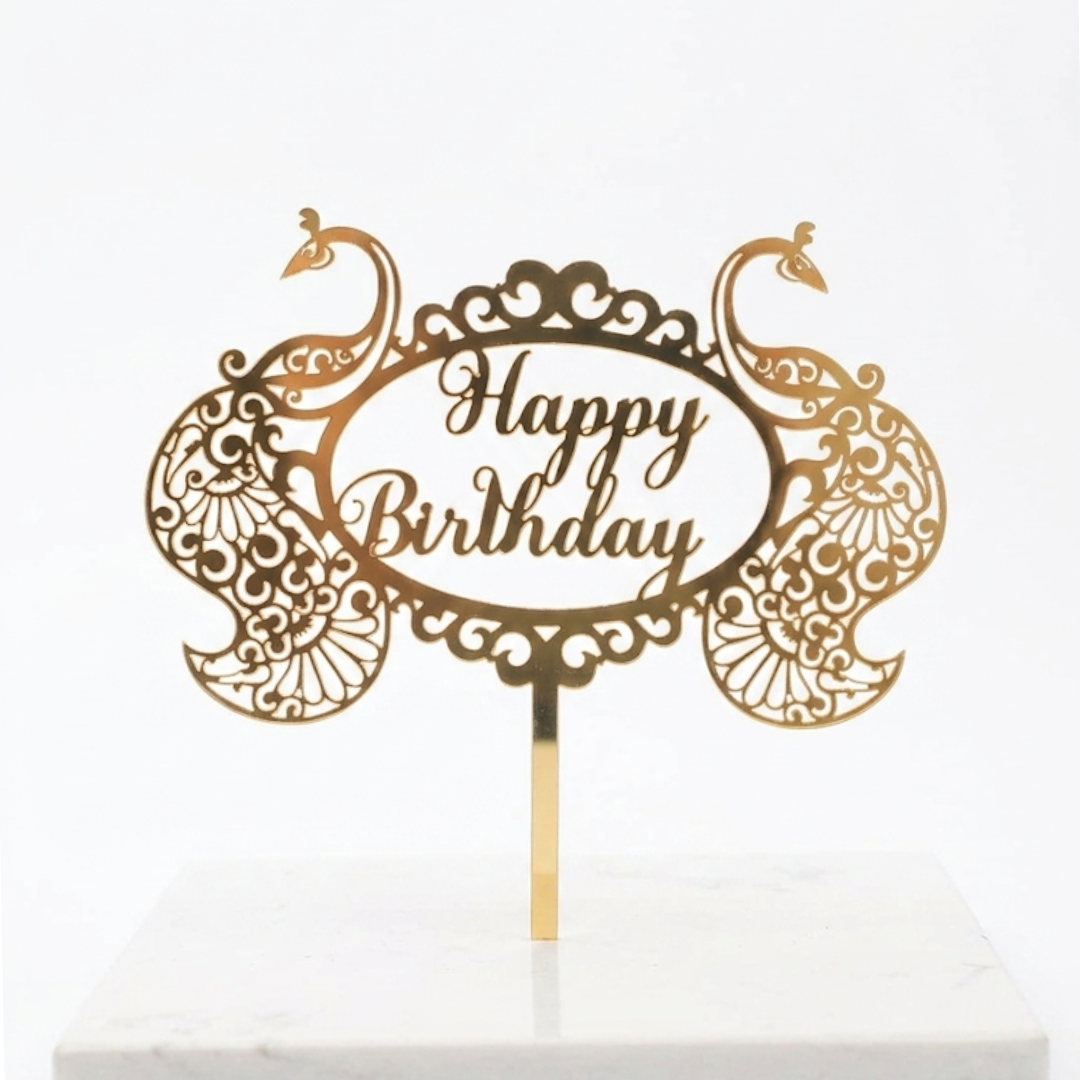 5 inch Golden Acrylic Happy Birthday With Peacock Design Cut-Out Cake Topper Cake Decoration Dessert Decoration - CAKE DECOR™