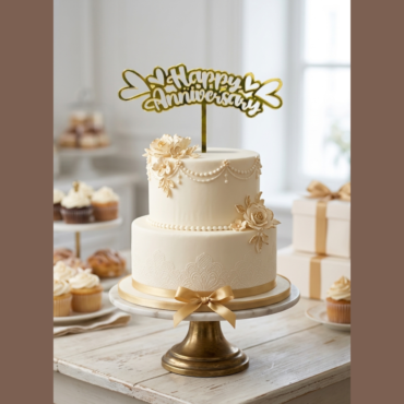 5 inch Acrylic Gold Happy Anniversary With Four Heart Design Cake Topper CAKE DECOR™