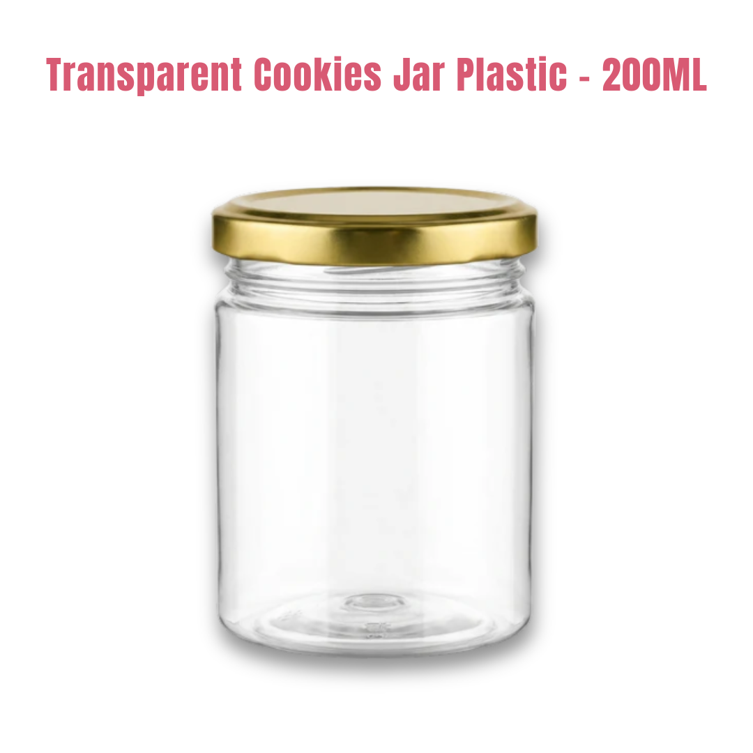 CAKE DECOR™ 1 Piece Plastic Transparent Cookies Jar With Golden Cap - 200 ml (SB-PTCJ-G-200)