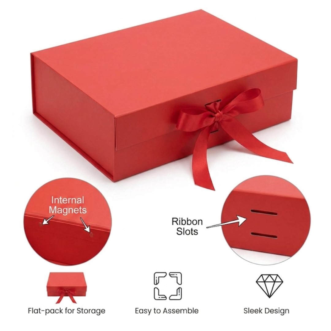 CAKE DECOR™ Red Color Folding Hard Hamper Box with ribbon | 8X10X4 Inch | Gift Box | Present Box - 1 Pc | (SBBX-HFFB-D24)