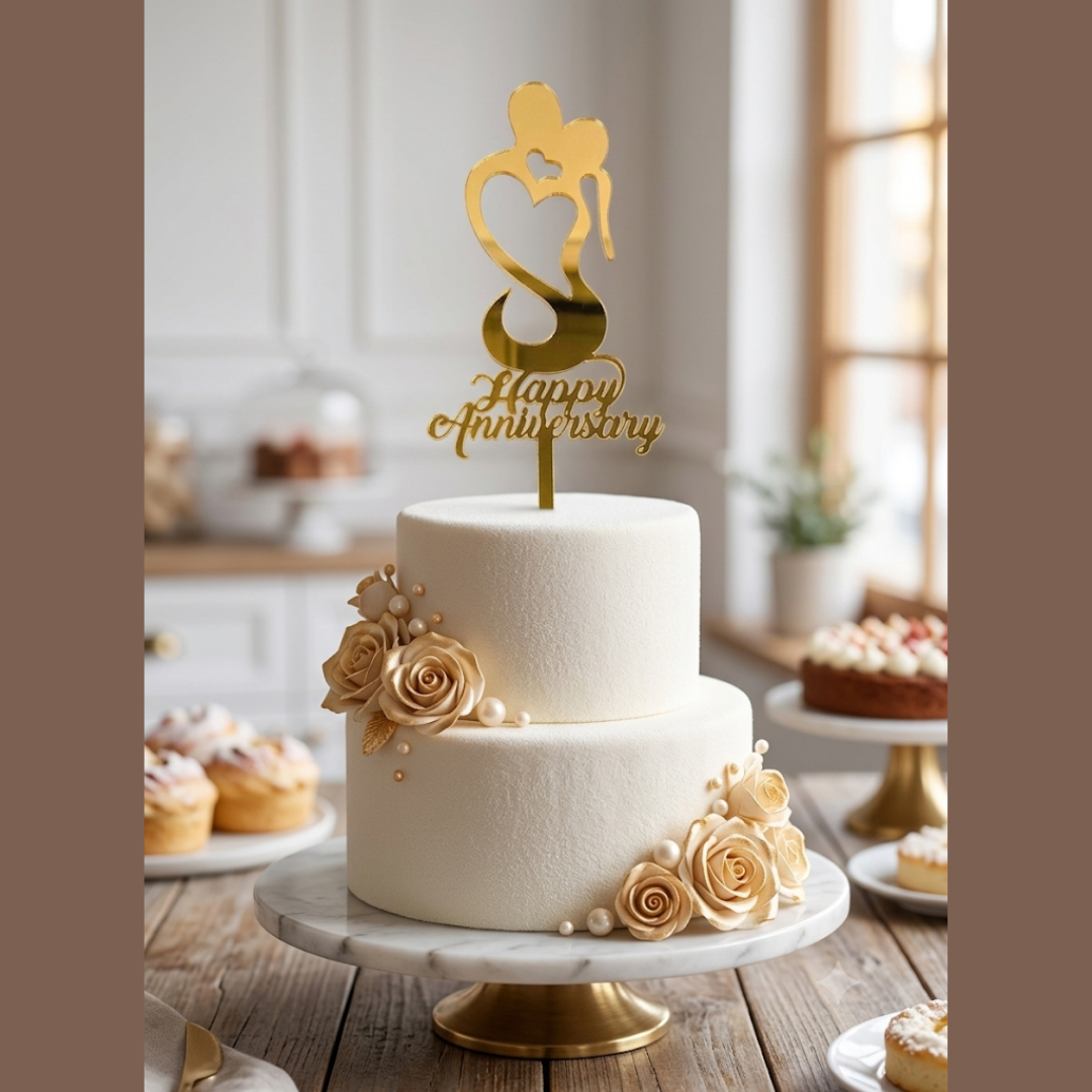 CAKE DECOR™ 5 inch Acrylic Happy Anniversary with Couple Heart Shape Cake Topper Cake Decoration Dessert Decoration (SBMT-2013)
