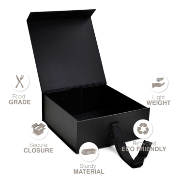 CAKE DECOR™ Black Color Folding Hard Hamper Box with ribbon | 8X10X4 Inch | Gift Box | Present Box - 1 Pc | (SBBX-HFFB-D19)