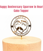 CAKE DECOR™ 5 inch Golden Acrylic Happy Anniversary with Sparrow & leaf Cutout in Round & Heart Frame Cake Topper Cake Decoration ( SBMT-1229 )
