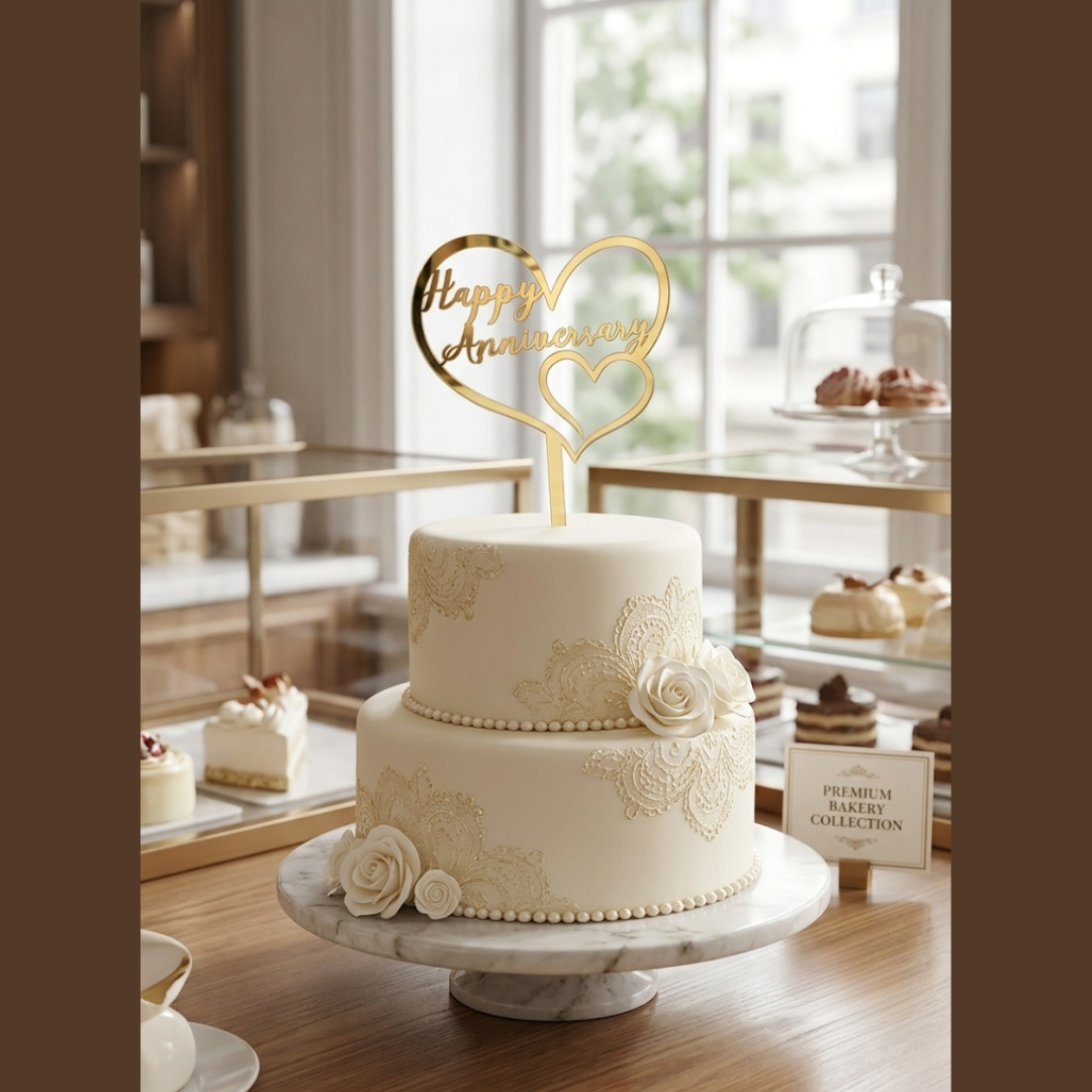 CAKE DECOR™ 5 inch Acrylic Happy Anniversary in Twin Heart Frame Cake Topper Cake Decoration Dessert Decoration (SBMT-2021)