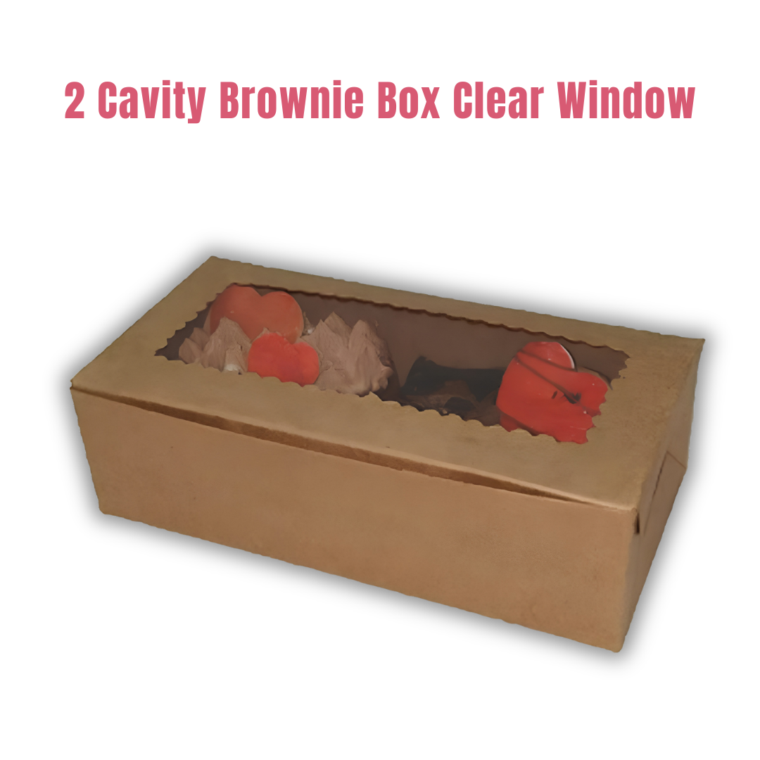 Cake Decor Kraft Brownie Boxes 2 Cavity with Clear Window, Cupcake Carriers , Brown, 10 Pc Pack