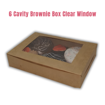 Cake Decor Kraft Brownie Boxes 6 Cavity with Clear Window, Cupcake Carriers , Brown, 10 Pc Pack