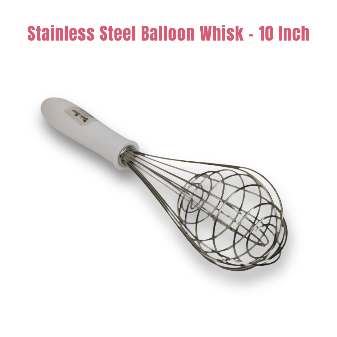 10 inch Stainless Steel Balloon Whisk | Plastic Hand Blender Egg Beater for Whisking & Baking - White